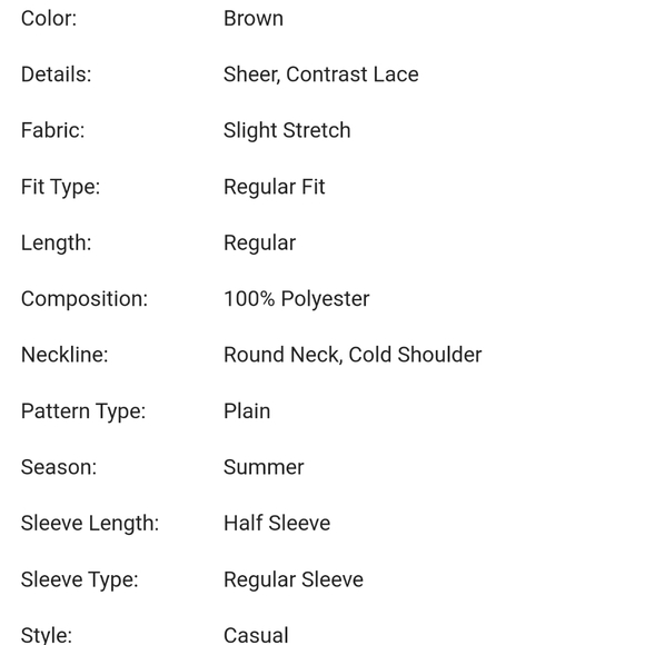 Cold Shoulder Guipure Lace Panel Solid Top Brown Large Brown - Picture 7 of 7